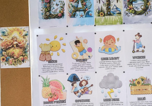 Ilustracje zawieszone na tablicy związane z latem