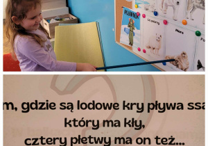 dziewczynka wsakzuje morsa jako rozwiązanie zagadki o zwierzętach z dalekiej północy