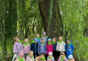 dzieci w kamizelkach stoją pod wierzbą