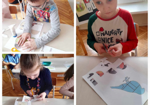 dzieci wycinają puzzle, które po ułożeniu będą przypominać ptaki takie jak gil, sikorka i jemiołuszka