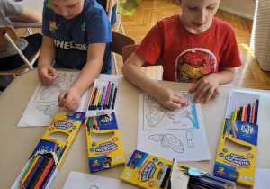 dwóch chłopcówsiedzi przy stole i koloruje rysunek łąki