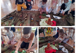 dzieci bawią się na dywanie zabawkowymi dinozaurami i tworza makiety do zabawy