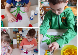 dzieci za pomocą kulek zrobionych z kolorowej bibuły wylkejają szablon krokusa