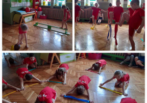 dzieci stopą podnoszą szarfę gimnastyczną i robią skłon w przód z szarfą wyciągniętą między rękoma