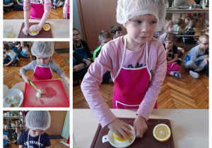 dzieci kroją cytrynę, wyciskają ją za pomocą wyciskarki ręcznej
