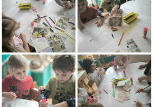 dzieci przy stolikach drą na kawałki gazetę i wyklejają nią narysowana na kartonie torbę