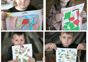 czwórka dzieci prezentuje wykonane przez siebie torby narysowane na kartonie