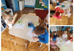 dzieci siedzą przy stolikach i tworzą swoje papierowe troby za pomocą kolorowego papieru