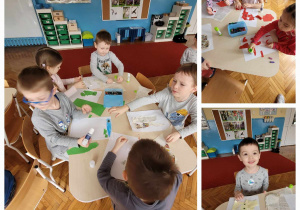 dzieci przy stolikach naklejają na papierowe torby skrawki gaet i kolorowego papieru