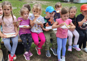 dzieci z grupy trzeciej jedzą kiełbaski