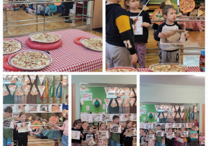 dzieci prezntują ilustracje etapów powstawania pizzy w pizzerii