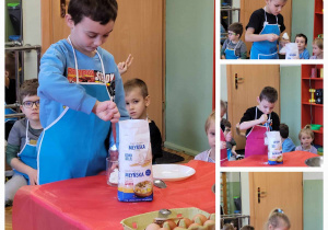 dzieci za pomocą szklanki odmierzają odpowiednią ilośc mąki na pączki