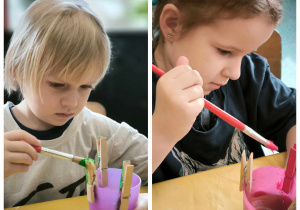 dzieci farbami malują przyczepione na kubeczkach drewniane klamerki do bielizny