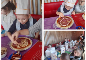 dzieci nakładają na surowe cisatro różne dodatki do pizzy