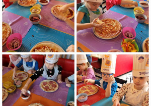 dzieci z grupy trzeciej zapoznają się ze składnikami na pizzę po czym same kąponują jej smak