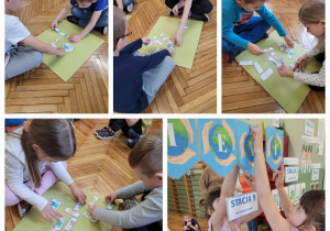 dzieci układają puzzle, na któych umieszczone są zasady dbania o nasza planetę