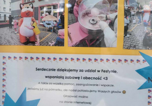 Plakat ukazujący działania podjęe podczas festynuu wraz z podziękowaniami