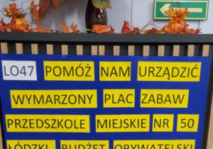 Plakat. Pomóż nam urządzić wymarzony plac zabaw. Przedszkole miejskie nr 50 ŁBO. Głosuj na projekt L047