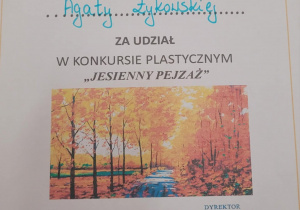 Dyplom dla Agaty z grupy czwartej w konkursie "Jesienny pejzaż"