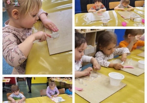 dzieci siedzą przy stolikach i kroją bazę mydlaną, którą umieszczają w foremkach o różnych kształtach