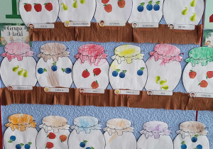 na tablicy prac dzieci zawisły kolorowe słoiki z przyczepionymi owocami