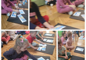 dzieci na sali gimnastycznej układaja na karimatach puzzle