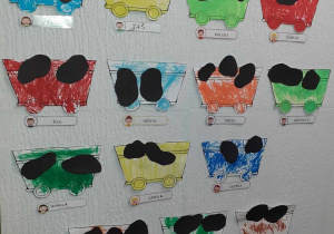 kolorowe wagoniki z weglem powieszone w satni przedszkolnej jako dekoracja dla rodziców
