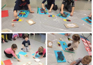 dzieci z pomocą gąbek malująplamy farbą plakatową