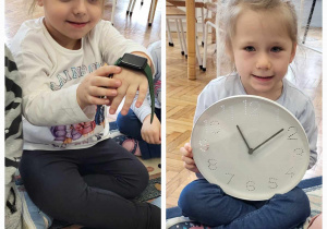 dzieci prezentują zegarki ścienne