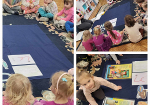 dzieci siedzą na dywanie i rozpoznają ilustracje różnych przyborów, ktore są potrzebne w różnych zawodach