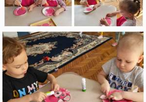 dzieci wykonują świnkę z talerzyka papieorwego poamlowanego na różowo i przyklejają elemeny uszu, oczu i ryjka