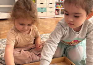 dwie dziwczynki manipuluja przedmiotami na tacce
