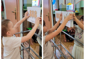 dzieci przyklejają na lustrze ilustracje etapó powstawania makaronu