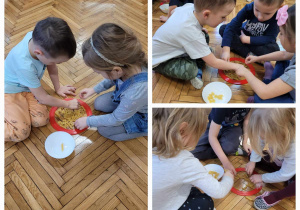 dzieci bawią się w Kopciuszka i segregują zmieszane ze sobą różne kształty makaronów
