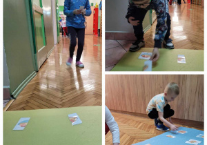 dzieci biora udział w zawodach i próbują dopasować do siebie dwie takie same połówki misek z makaronem