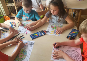 Dzieci kolorują motyle i łąkę