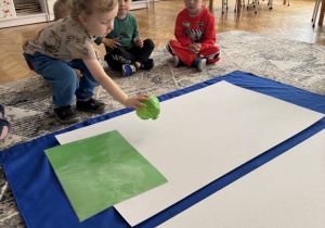 Chłopiec kładzie plastikową zieloną kapustę