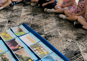 Dzieci siedzą na dywanie przed ilustracjami wakacyjnych zasad