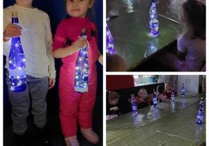 dzieci prezentują swoję świateczne butelki