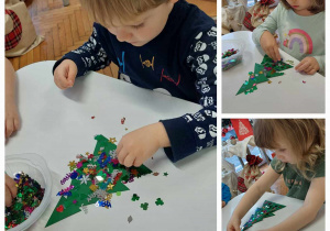 dzieci wykonują pracę plastyczną i ozdabiają kolorwymi cekinami szablon choinki
