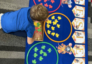 Chłopiec dokłada żółty liść do zbioru