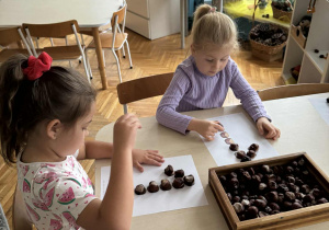 Dziewczynki ukladają po sladzie cyfrę jeden z kasztanów