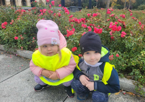 dzieci kucają przed klombem kwiatów