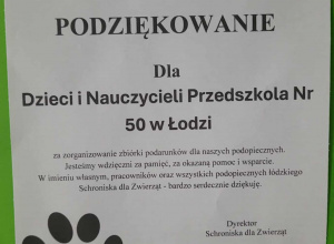 Podziękowanie od schroniska dla zwierząt