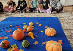 Dzieci oglądają różne dynie na dywanie