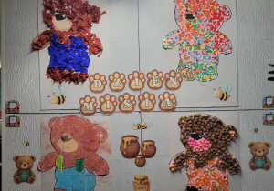 Sylwety misiów wykonane różnymi technikami plastycznymi