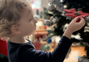 Chłopiec zakłada bombkę na choinkę