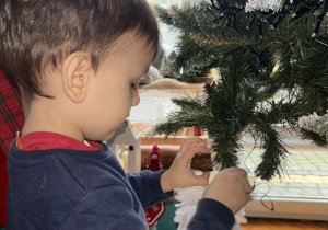 Chłopiec zakłada bombkę na gałązkę choinkową