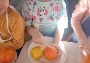 Dziewczynka ma na talerzy pomarańczę i cytrynę