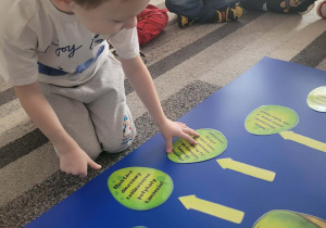 Chłlopiec układa jajo dinozaura z napisem obok strzałki